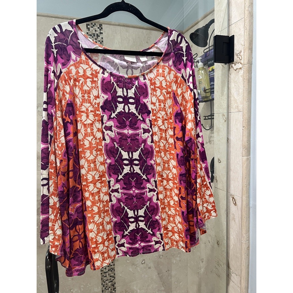 Chicos Womens Size 3 Orange Pink Boho Peasant Top Long Bell Trump Sleeves Blouse